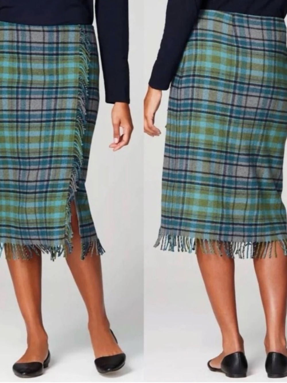 J. Jill Tartan Plaid Faux Wrap Pencil Blanket Skirt Fringe Academia Size 10P